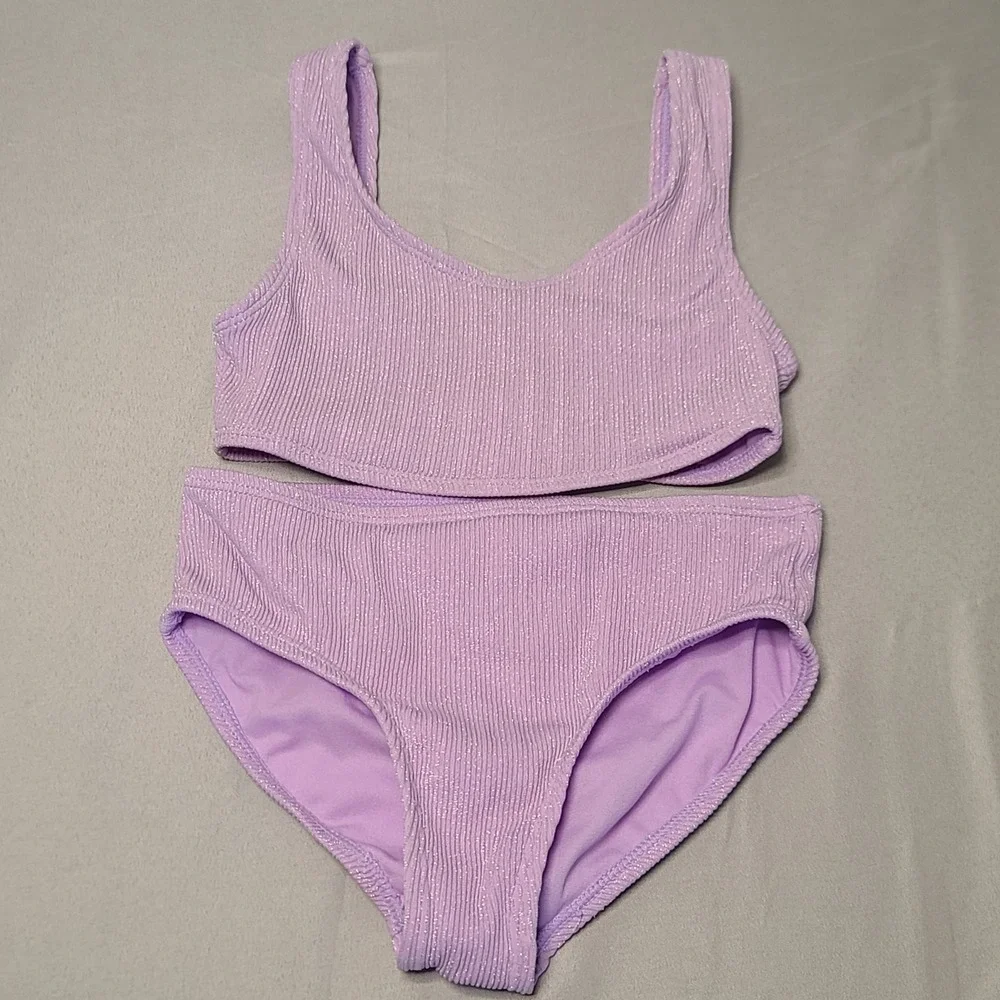 Sol Borne Bikini Swimsuit Kids Size 7/8‎ Purple Ribbed Metallic Shimmer 2pc Set